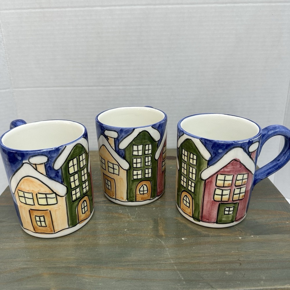 Set 3 Mugs Bianconi Pietro Ceramiche Artistiche Winter Snow Houses Holiday